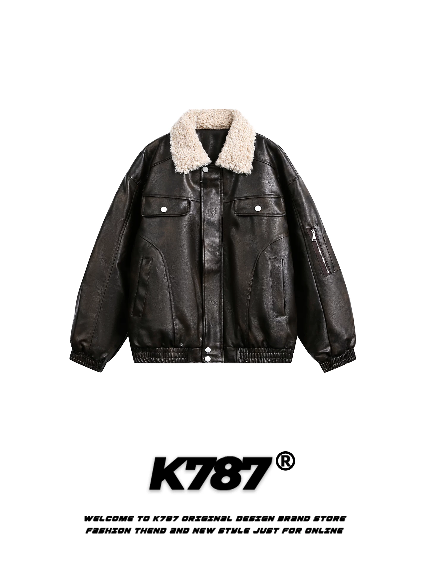 Áo khoác cotton phối len cừu kiểu Mỹ cổ điển K787 dành cho nam và nữ, áo khoác biker dáng rộng chất liệu da PU, áo khoác cotton giữ ấm cho cặp đôi.