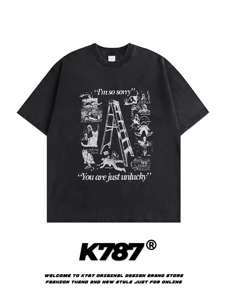 K787 Áo thun ngắn tay in họa tiết vui nhộn theo phong cách đường phố cổ điển của Mỹ dành cho nam và nữ, áo nửa tay dáng rộng kiểu dáng hợp thời trang được giặt sạch