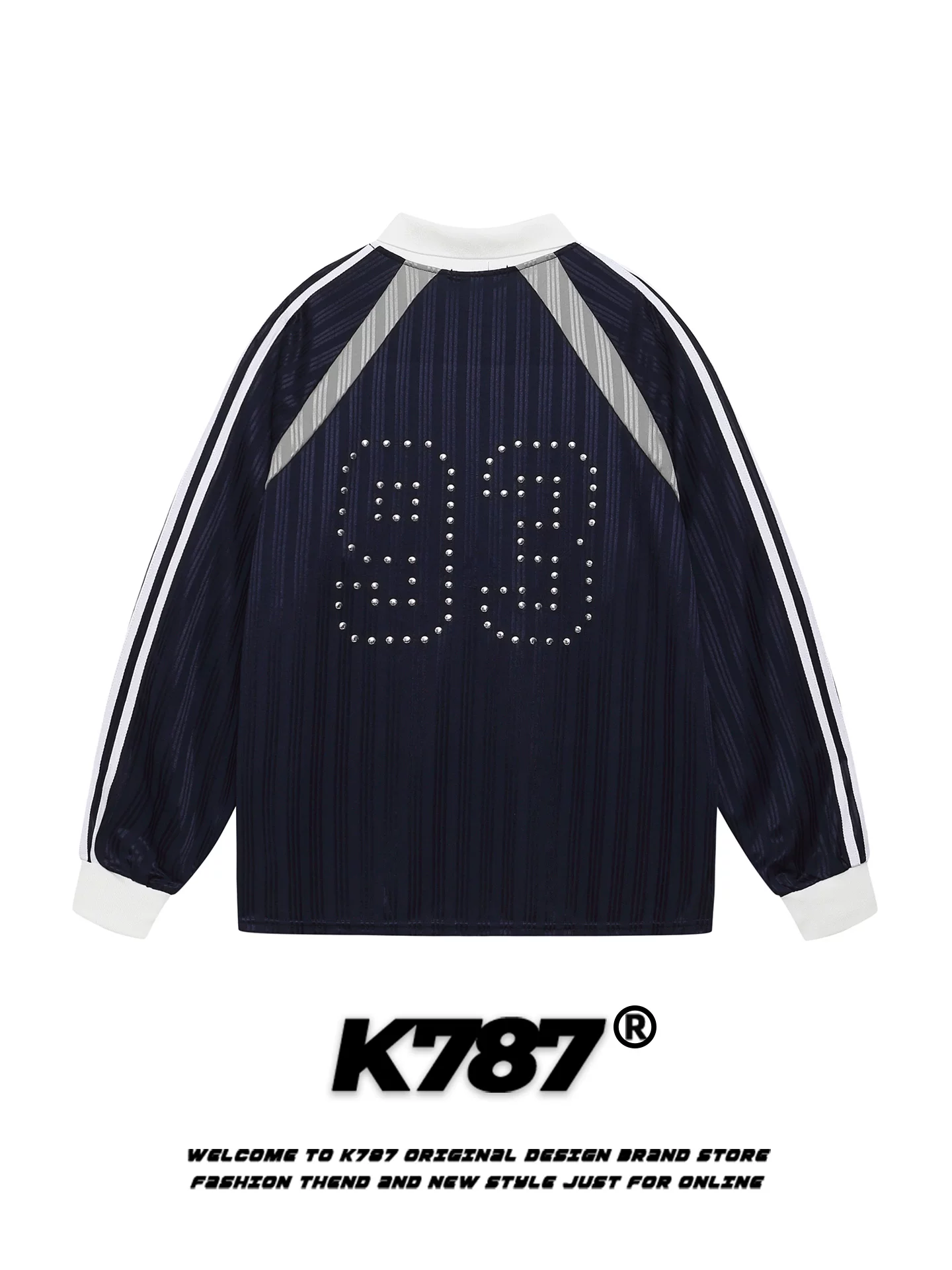 K787 Áo thun dài tay cổ chữ V sọc cổ điển kiểu Mỹ unisex áo thể thao có đinh tán in chữ áo sơ mi POLO