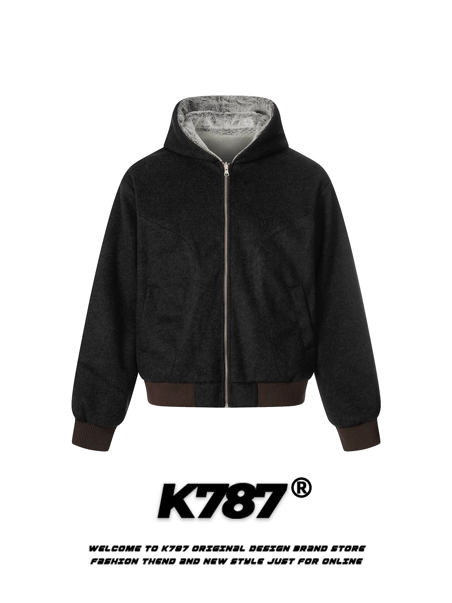 Áo khoác cotton lông giả mink hai mặt kiểu Mỹ cổ điển K787 dành cho nam và nữ, lót lông cừu và dày dặn, áo khoác cotton có mũ thời trang dành cho cặp đôi