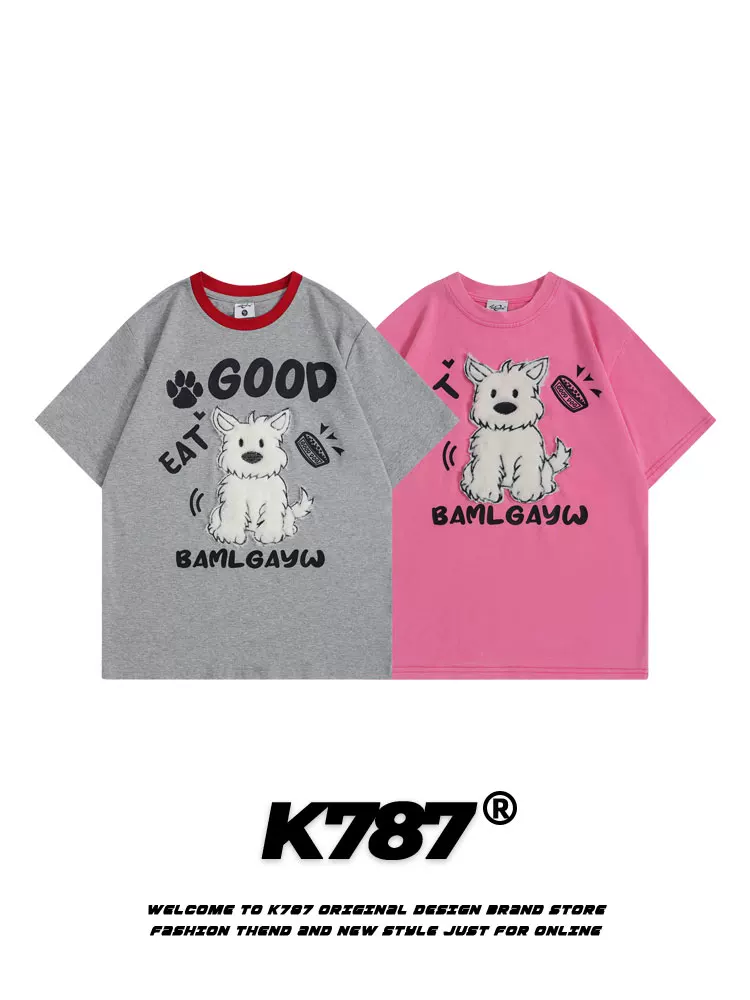 K787 Áo thun ngắn tay thêu hình chú chó vui nhộn theo phong cách retro Mỹ unisex phong cách đại học đa năng mùa hè 2025 cặp đôi nửa tay áo