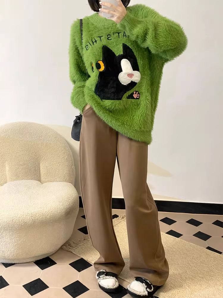 Áo len cặp đôi mèo dễ thương phong cách preppy màu xanh bơ KKyesiou, unisex, kiểu Mỹ cổ điển, chất liệu len nhung