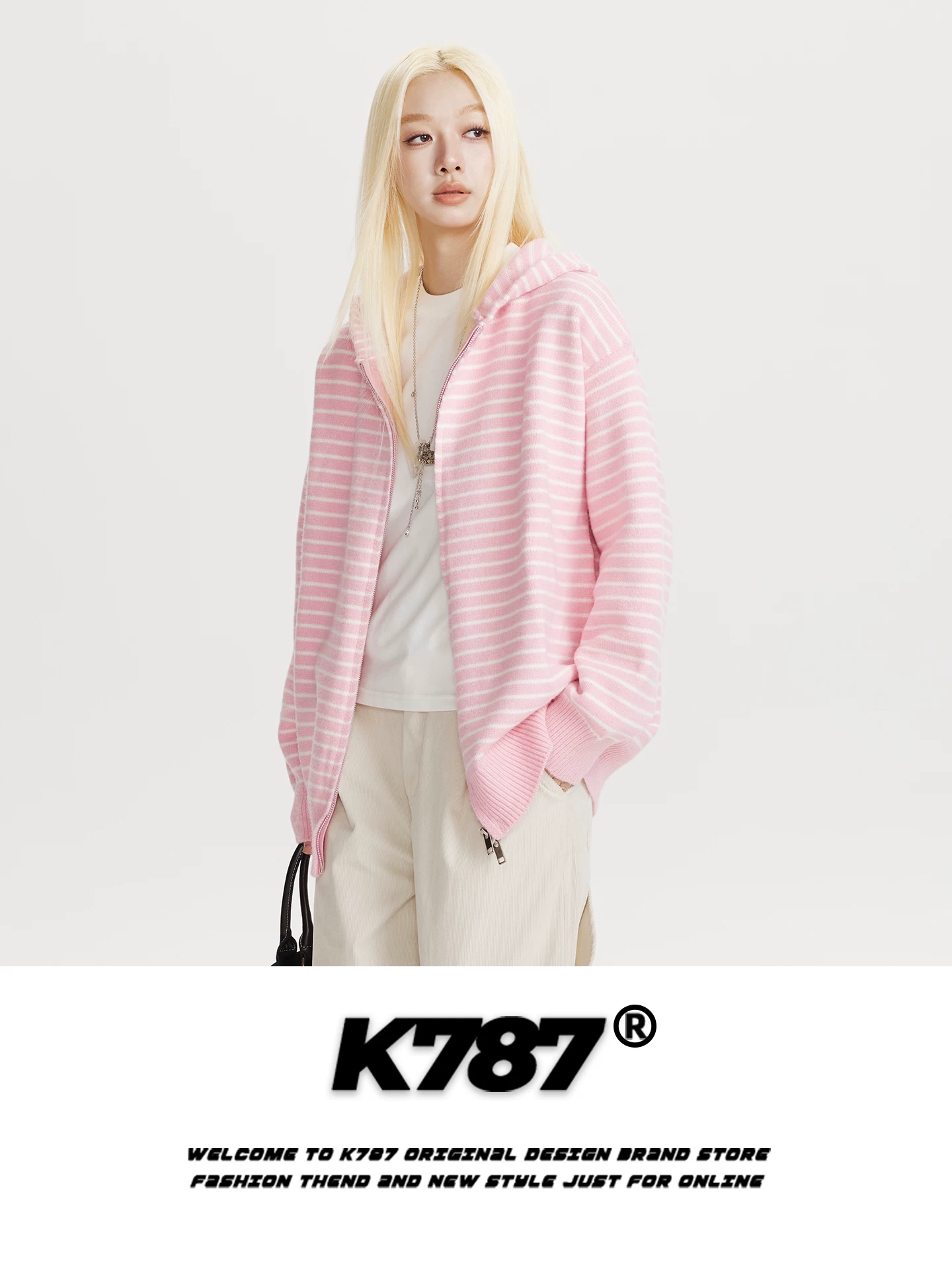 Áo khoác cardigan len dệt kim màu hồng, kiểu dáng rộng rãi, phong cách lười biếng, unisex, có mũ trùm đầu, phối màu sọc, kiểu Mỹ, mã K787