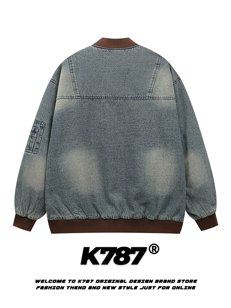 Áo khoác denim kiểu biker thêu retro Mỹ K787 dành cho nam và nữ, áo khoác dày bông mùa đông phong cách đại học.