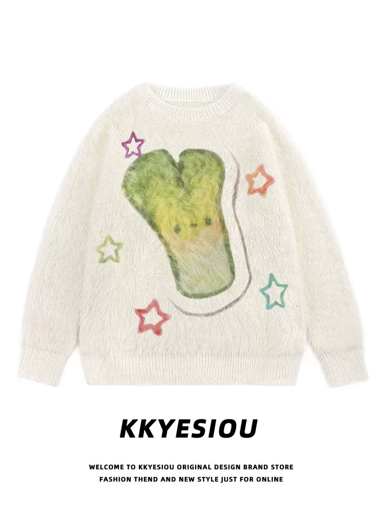 KKyesiou Dopamine Outfit Phim hoạt hình Cặp đôi hành tây Đồ dệt kim Unisex Áo len cổ điển kiểu Mỹ Áo khoác len chồn