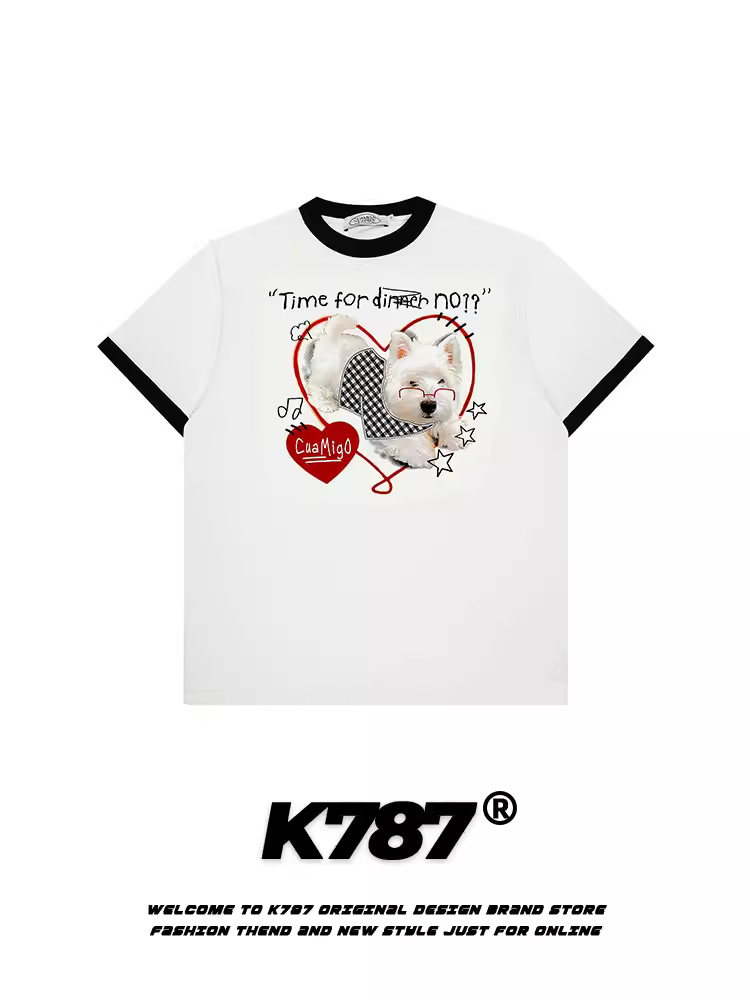 K787 Áo thun ngắn tay in hình chó phong cách retro kiểu Mỹ, phối màu, kiểu dáng thường ngày dành cho nữ, phong cách lười biếng, áo ngắn rộng rãi và đa năng.