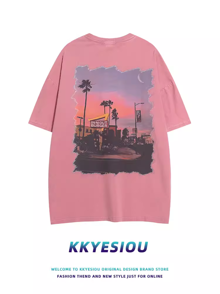 Áo thun ngắn tay kiểu Hawaii của thương hiệu KKyesiou theo phong cách retro Mỹ dành cho nam và nữ, áo đôi màu hồng da ngoại cỡ