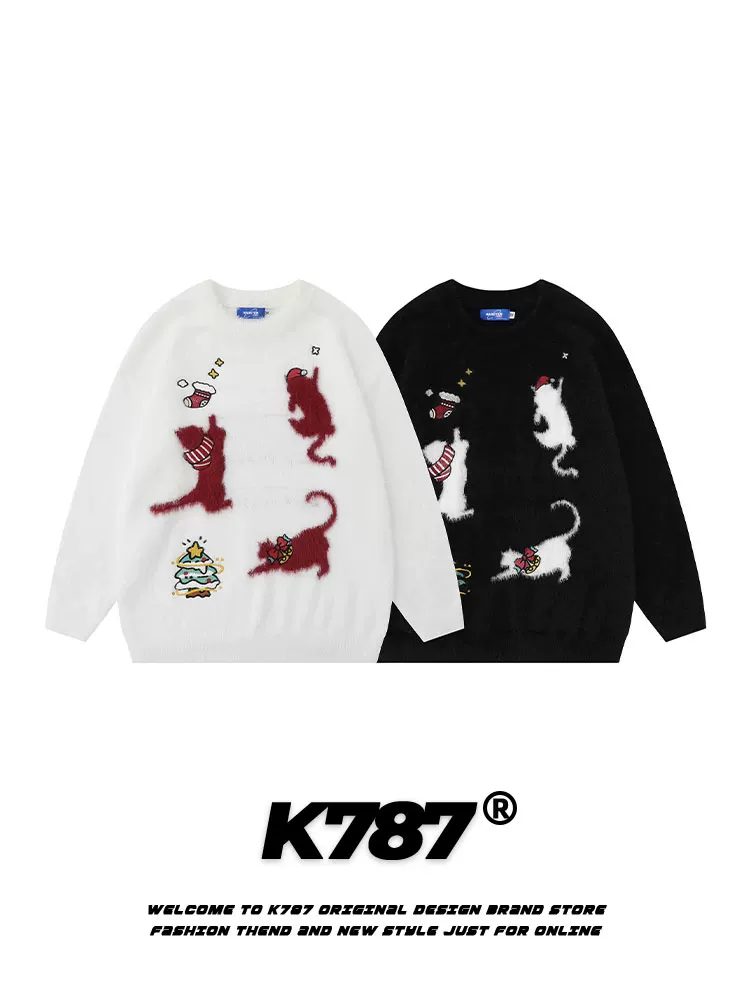 K787 Áo len dệt kim mohair phong cách cổ điển kiểu Mỹ dành cho nam và nữ, áo len thêu cây thông Noel mùa đông dành cho cặp đôi