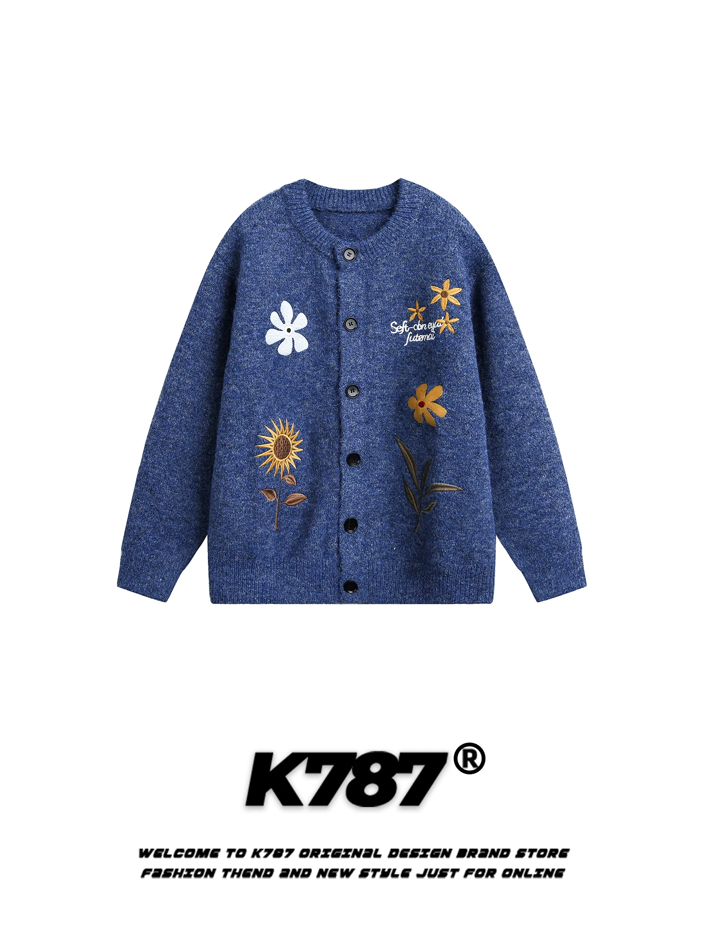 Áo len cardigan cổ tròn thêu hoa kiểu Mỹ K787 dành cho nam và nữ, áo khoác dệt kim dáng rộng phong cách đại học, trẻ trung