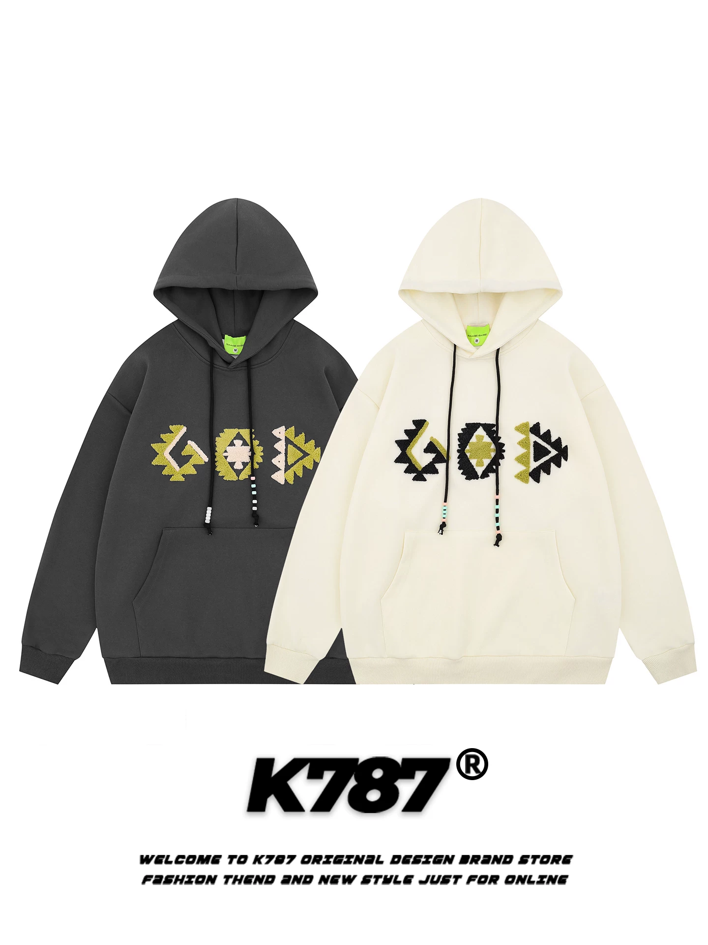Áo hoodie thêu phong cách Mỹ K787, kiểu dáng thời trang dân tộc, dành cho nam và nữ, dáng rộng, áo khoác hoodie cặp đôi mùa thu đông.