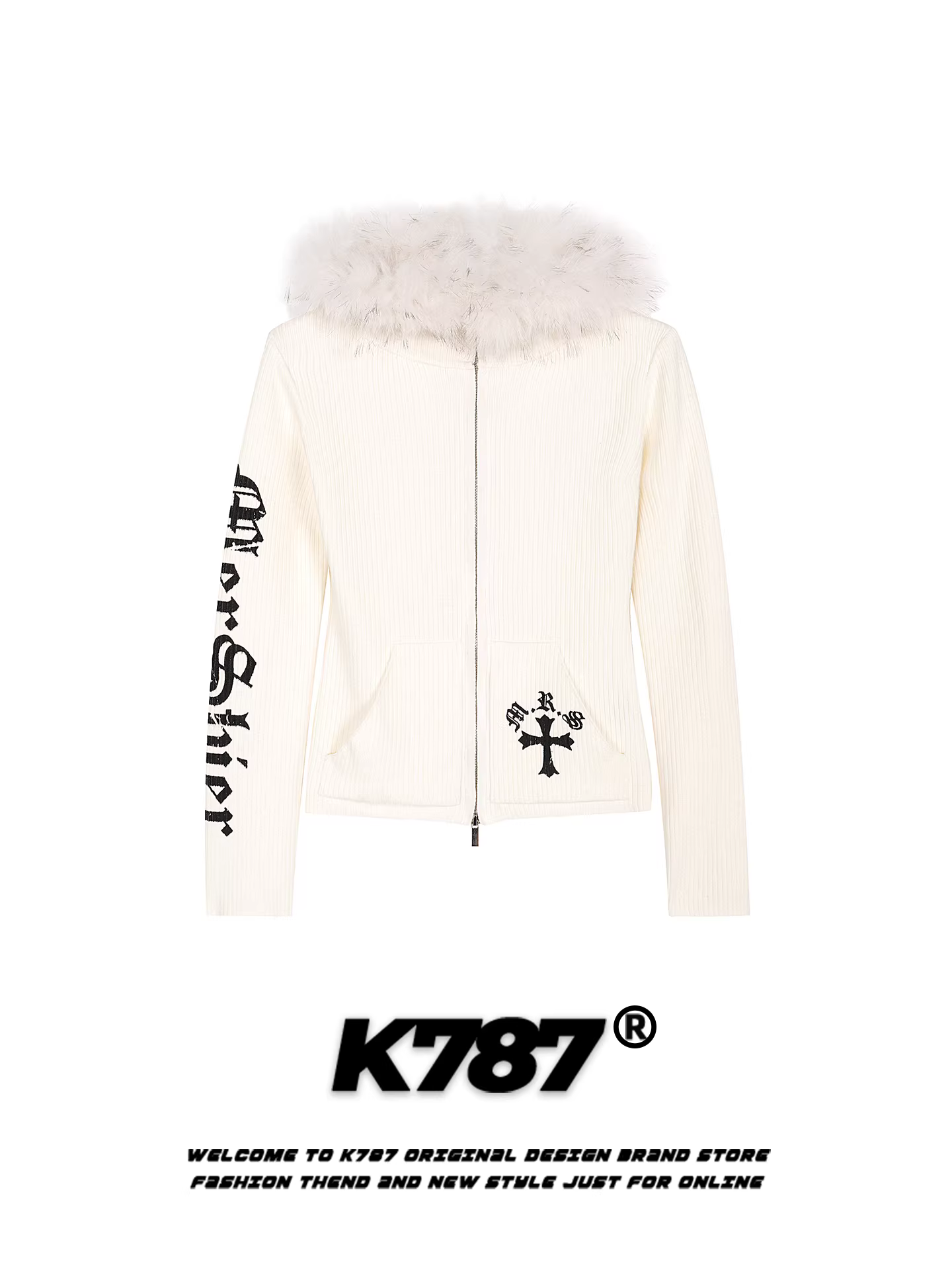 Áo khoác cardigan len ngắn kiểu Mỹ K787, phong cách gothic, cổ lông, có mũ, dành cho nữ, tôn dáng, giữ ấm mùa thu đông