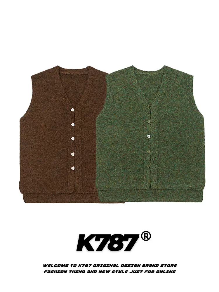 Áo gile dệt kim ngắn, dáng rộng, cổ V, màu trơn đơn giản, phong cách retro Mỹ, unisex, mã K787