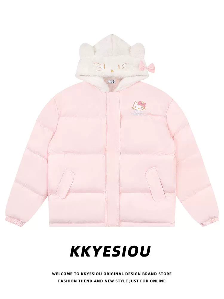 Áo khoác cotton kiểu retro đại học Mỹ KKyesiou dành cho nam và nữ, áo khoác bánh mì Hello Kitty dopamine, áo khoác đôi
