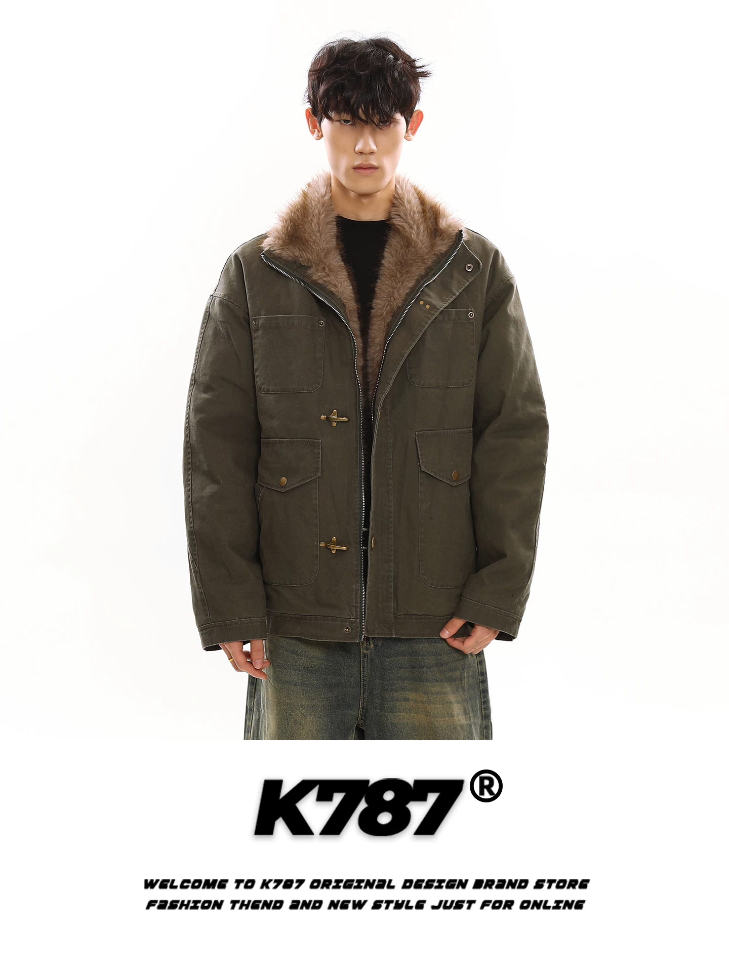 Áo khoác cotton có mũ trùm đầu phong cách retro Mỹ K787 dành cho nam và nữ với nhiều túi, áo khoác cotton dày và ấm áp.