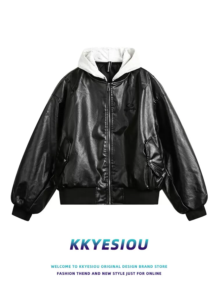 Áo khoác cotton có mũ trùm đầu giả hai mảnh kiểu Mỹ cổ điển KKyesiou dành cho nam và nữ, áo khoác da dày dặn có đệm mùa đông.