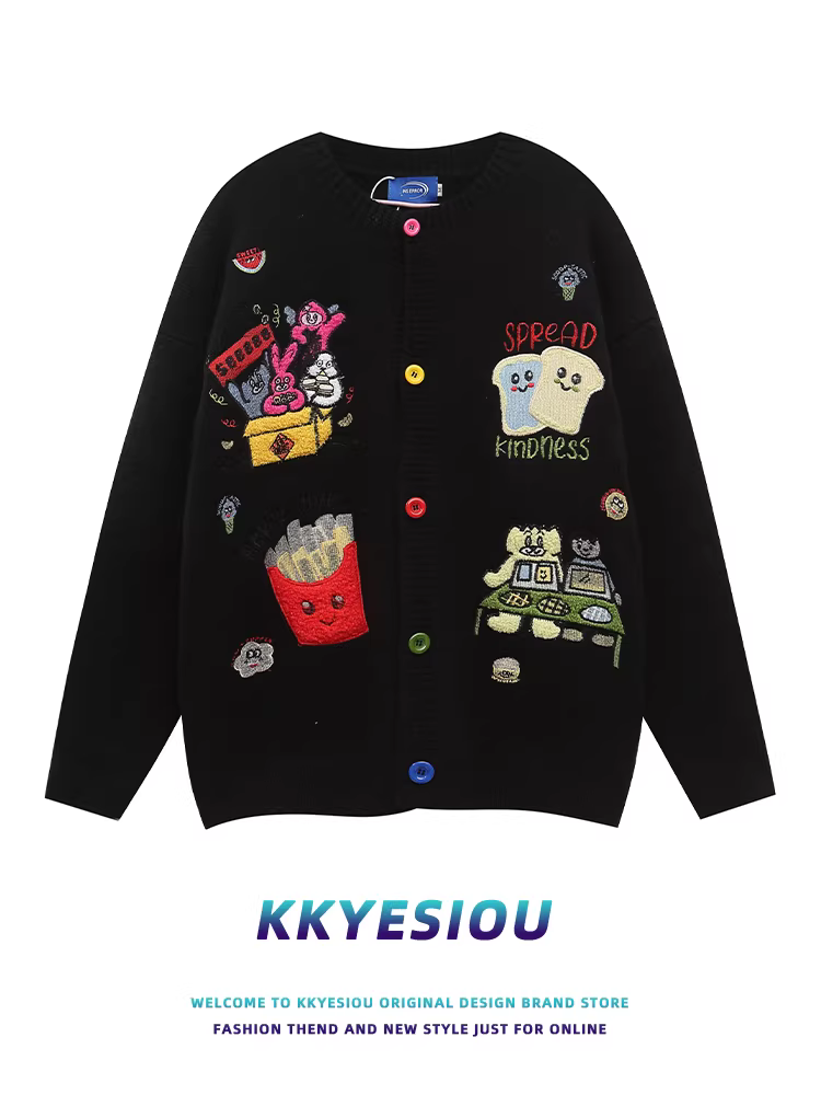 Áo len dệt kim KKyesiou phong cách hoạt hình dễ thương, chất liệu dopamine, unisex, kiểu Mỹ cổ điển, áo khoác cặp đôi