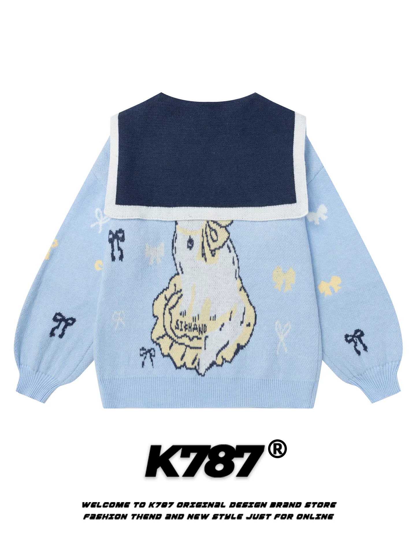 K787 Áo len cổ thủy thủ in hình mèo ngọt ngào và vui nhộn kiểu Mỹ dành cho nữ, áo dệt kim ngắn dáng rộng phong cách Nhật Bản