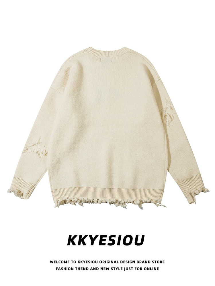 Áo len dệt kim phong cách preppy thêu họa tiết cũ kỹ kiểu Mỹ KKyesiou dành cho nam và nữ, áo len cặp đôi rộng rãi cổ điển