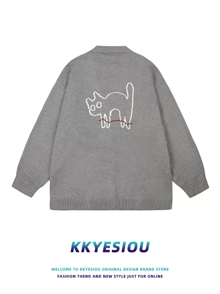 Áo len dệt kim cổ chữ V phong cách Nhật Bản KKyesiou, họa tiết mèo chó hoạt hình, unisex, phong cách đại học, đa năng, áo len thường ngày