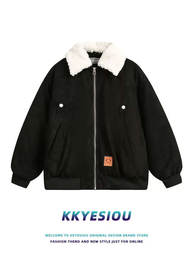 Áo khoác cotton cổ lông tháo rời phong cách retro Mỹ của KKyesiou dành cho nam và nữ, áo khoác dày kiểu vintage dành cho cặp đôi
