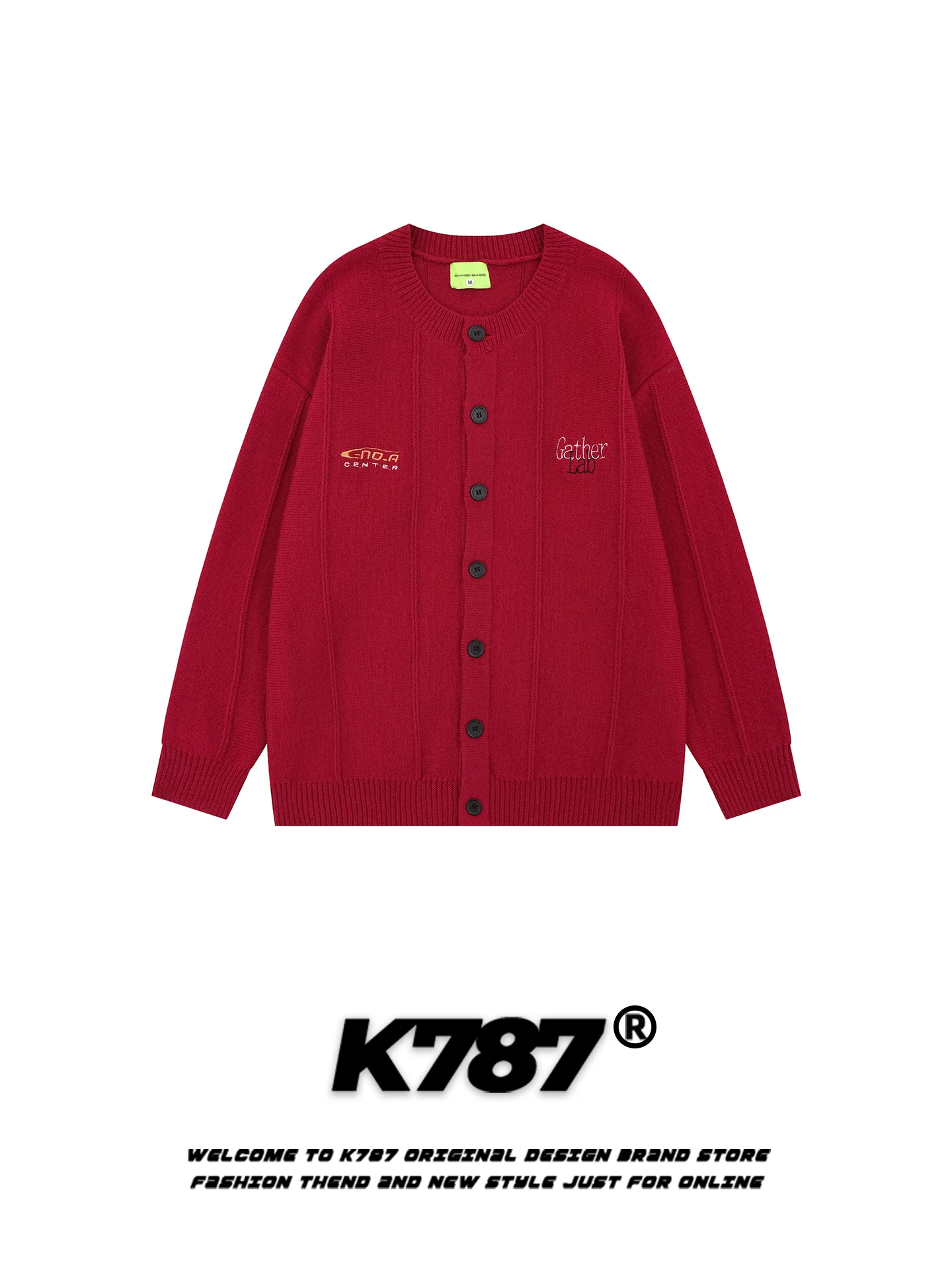 Áo cardigan len dệt kim dáng rộng ấm áp màu nghệ tây, cổ tròn, thêu chữ kiểu Mỹ, unisex, thời trang, mã K787