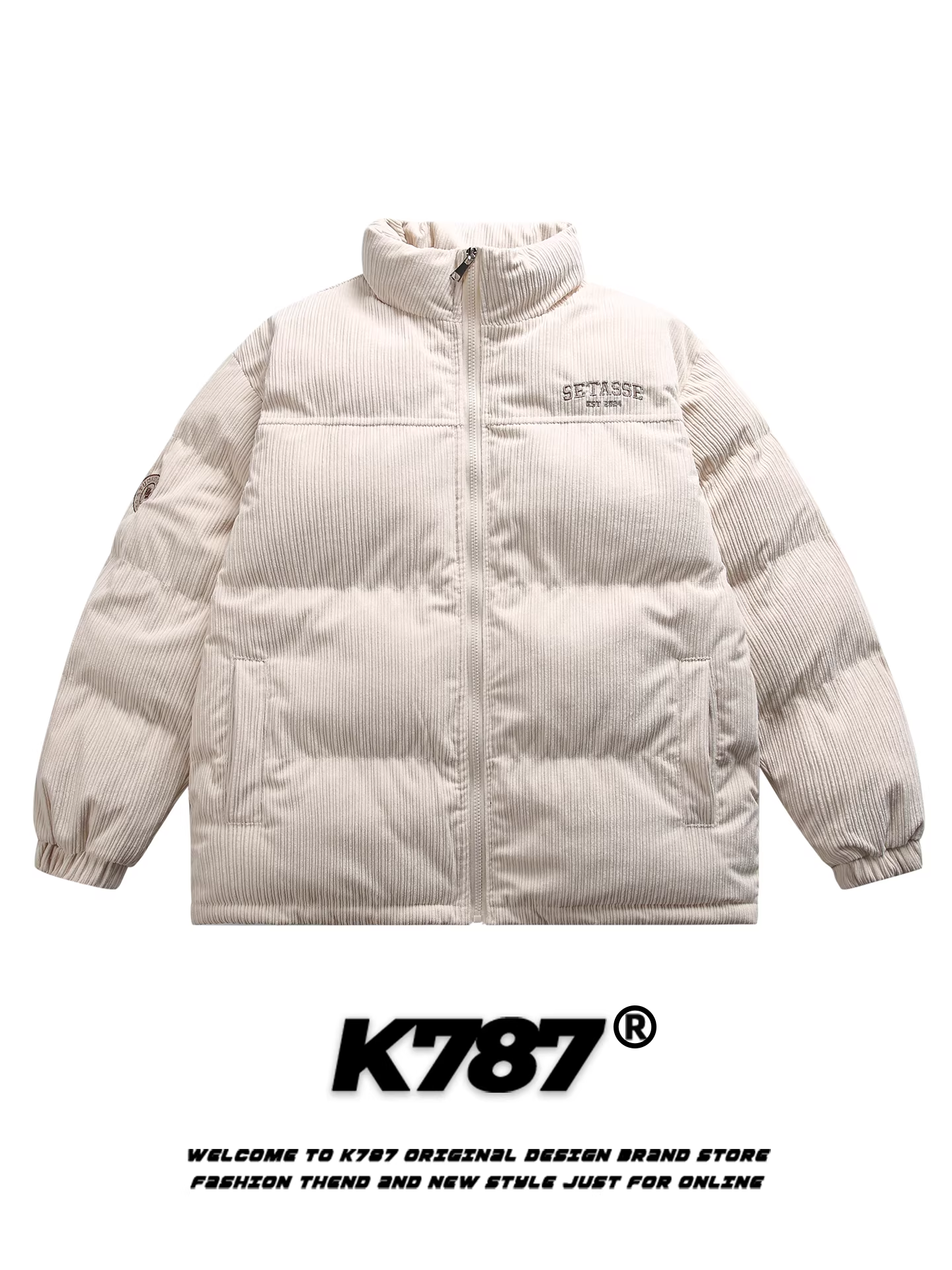 Áo khoác cotton phối vải gân thêu chữ kiểu Mỹ cổ đứng unisex thời trang thương hiệu K787 ấm áp dày dặn