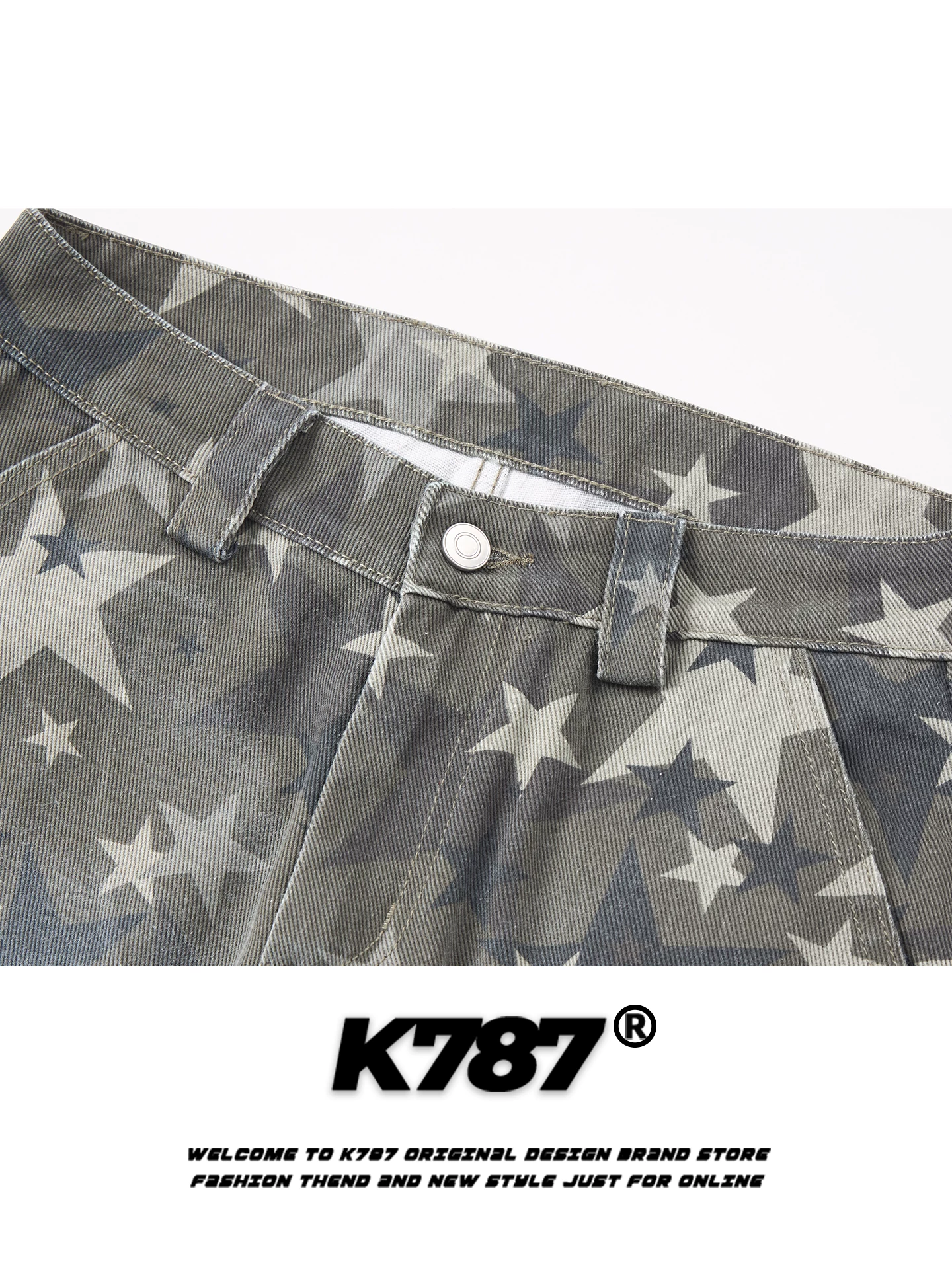 Quần jeans unisex dáng rộng họa tiết sao trăng kiểu Mỹ cổ điển K787, in họa tiết toàn thân, phong cách ngụy trang, xu hướng quốc dân, thiết kế phá cách, cạp cao, ống rộng