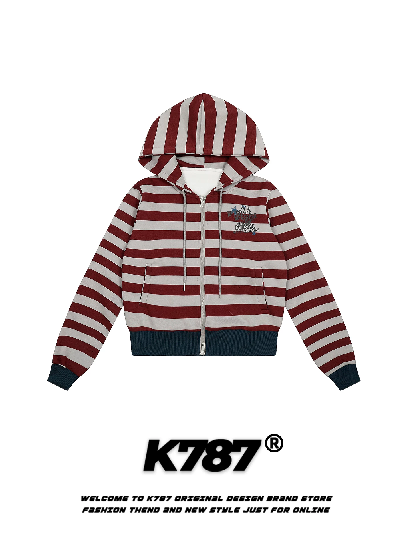 Áo hoodie thể thao sọc đường phố kiểu Mỹ K787 dành cho nữ, phong cách ngọt ngào và cá tính, dáng rộng, áo khoác ngắn có khóa kéo thể thao đi làm.