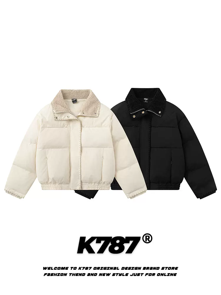 Áo khoác phao ngắn kiểu Mỹ cổ điển K787, chất liệu cotton dày dặn có cổ lông, dành cho nam và nữ, màu trơn đa năng, mùa đông 2024