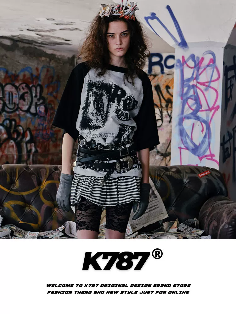Áo thun tay raglan họa tiết graffiti phong cách retro Mỹ K787 dành cho nam và nữ, áo cặp rộng rãi phong cách hip-hop đường phố mùa hè