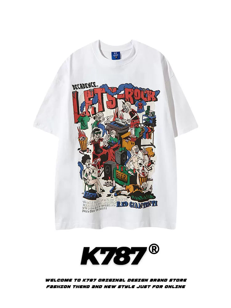 K787 Áo thun ngắn tay phong cách retro quốc gia Mỹ theo xu hướng hip-hop graffiti dành cho nam và nữ áo thun oversize đường phố cao cấp đa năng dành cho cặp đôi
