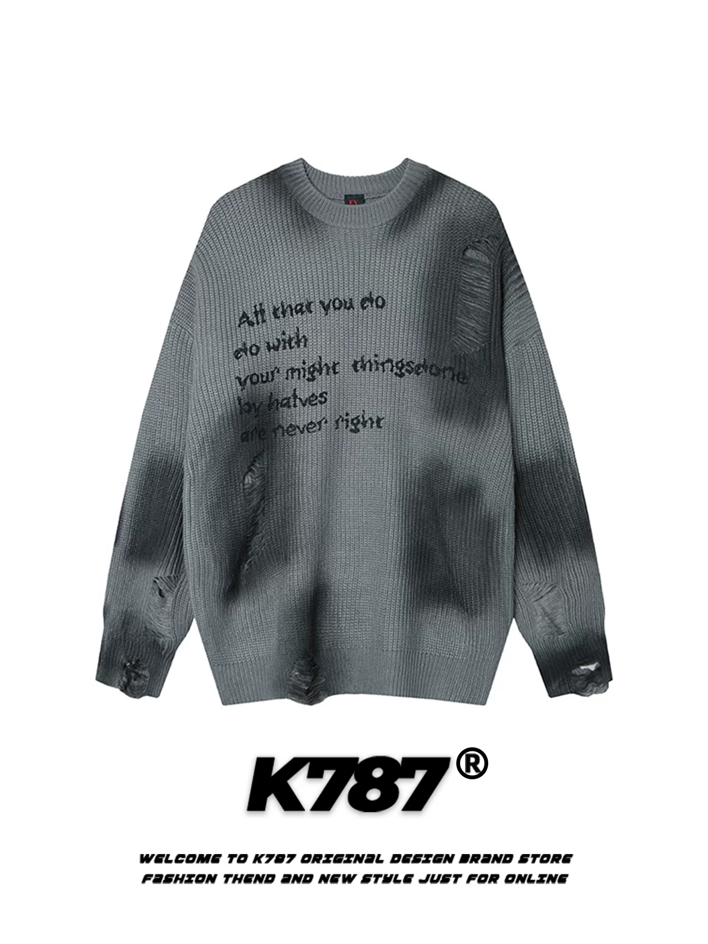Áo len cổ tròn phối màu tie-dye kiểu Mỹ cổ điển K787 dành cho nam và nữ, có chữ in cũ kỹ, phong cách lười biếng, kiểu dáng rộng rãi, đồ dệt kim dành cho cặp đôi.