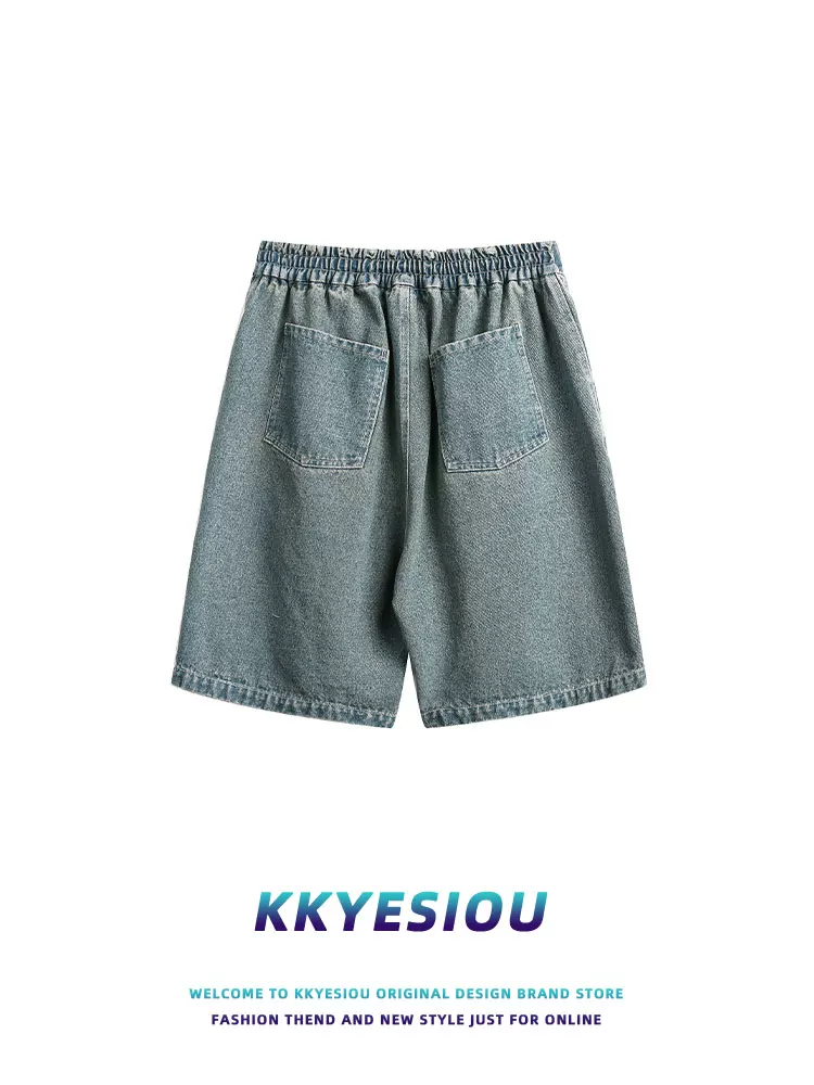 Quần short đường phố cao cấp kiểu dáng cổ điển của Mỹ của KKyesiou dành cho nam và nữ mùa hè Quần short denim dài vừa phải in họa tiết đường phố châu Âu và Mỹ
