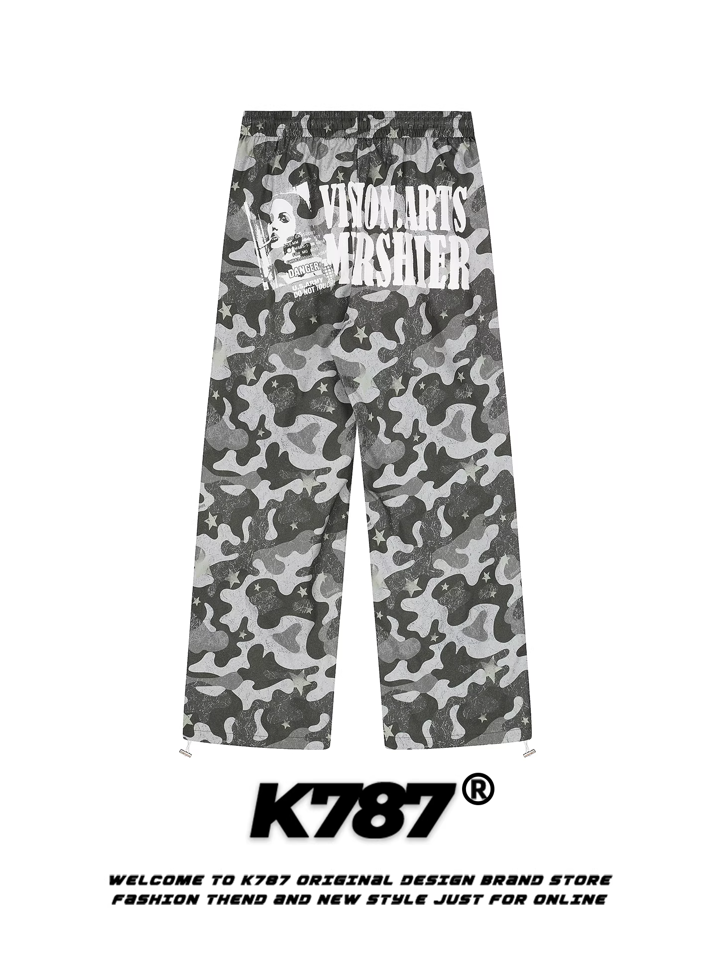 Quần kaki in họa tiết rằn ri phong cách đường phố Mỹ K787 dành cho nam và nữ, quần ống rộng lưng cao co giãn phong cách hip-hop