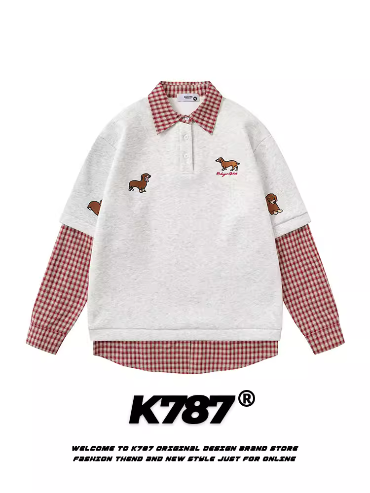 Áo nỉ kiểu Mỹ cổ điển giả hai mảnh phong cách đại học K787 dành cho nam và nữ, áo và áo khoác phối họa tiết kẻ sọc mùa xuân dành cho cặp đôi