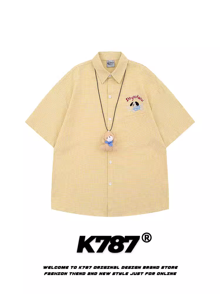 K787 Áo sơ mi ngắn tay phong cách retro Mỹ phong cách đại học có mặt dây chuyền hình gấu unisex kẻ sọc đa năng dáng rộng nửa tay áo cardigan mùa hè