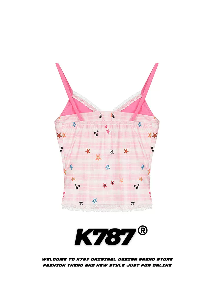Áo camisole nữ kiểu BM K787 in họa tiết sao dopamine, kẻ caro, giả hai mảnh, có mút ngực