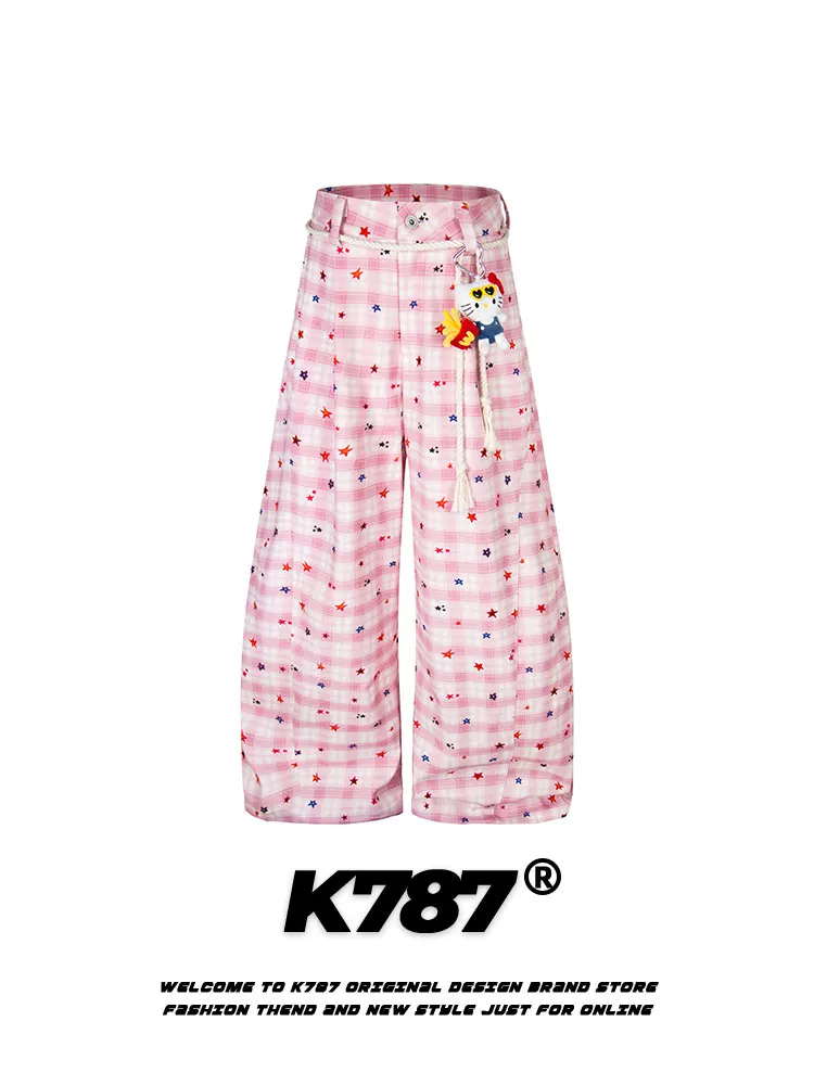 Quần kaki kẻ caro phong cách đường phố Mỹ K787, họa tiết mèo kitty, unisex, in hình sao, phong cách hip-hop, thể thao, cạp cao, dáng thẳng