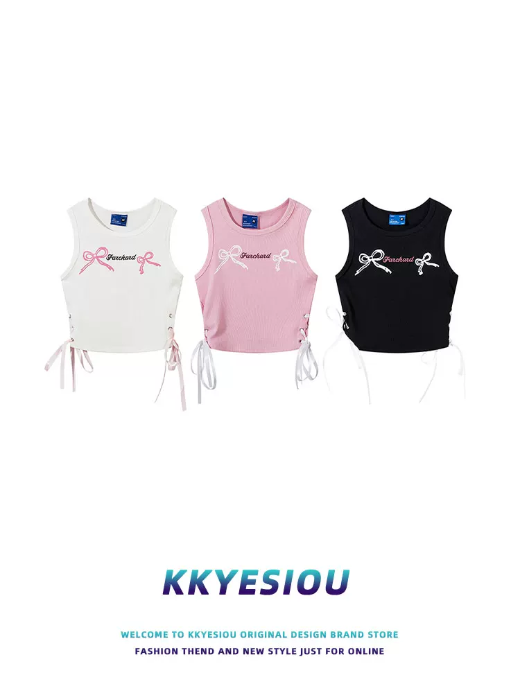 Áo gile ngắn đa năng kiểu bướm, phong cách preppy, cạp cao, xếp ly, không tay, chất liệu thun, dành cho nữ, thương hiệu KKyesiou.