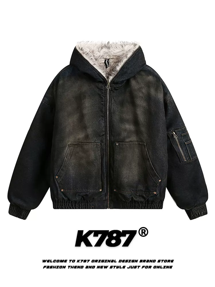 Áo khoác denim có mũ trùm đầu, cổ lông dày kiểu Trung Quốc K787 dành cho nam và nữ, đã qua xử lý làm mềm và tạo hiệu ứng cũ kỹ, áo khoác cotton có mũ dành cho cặp đôi mùa đông.