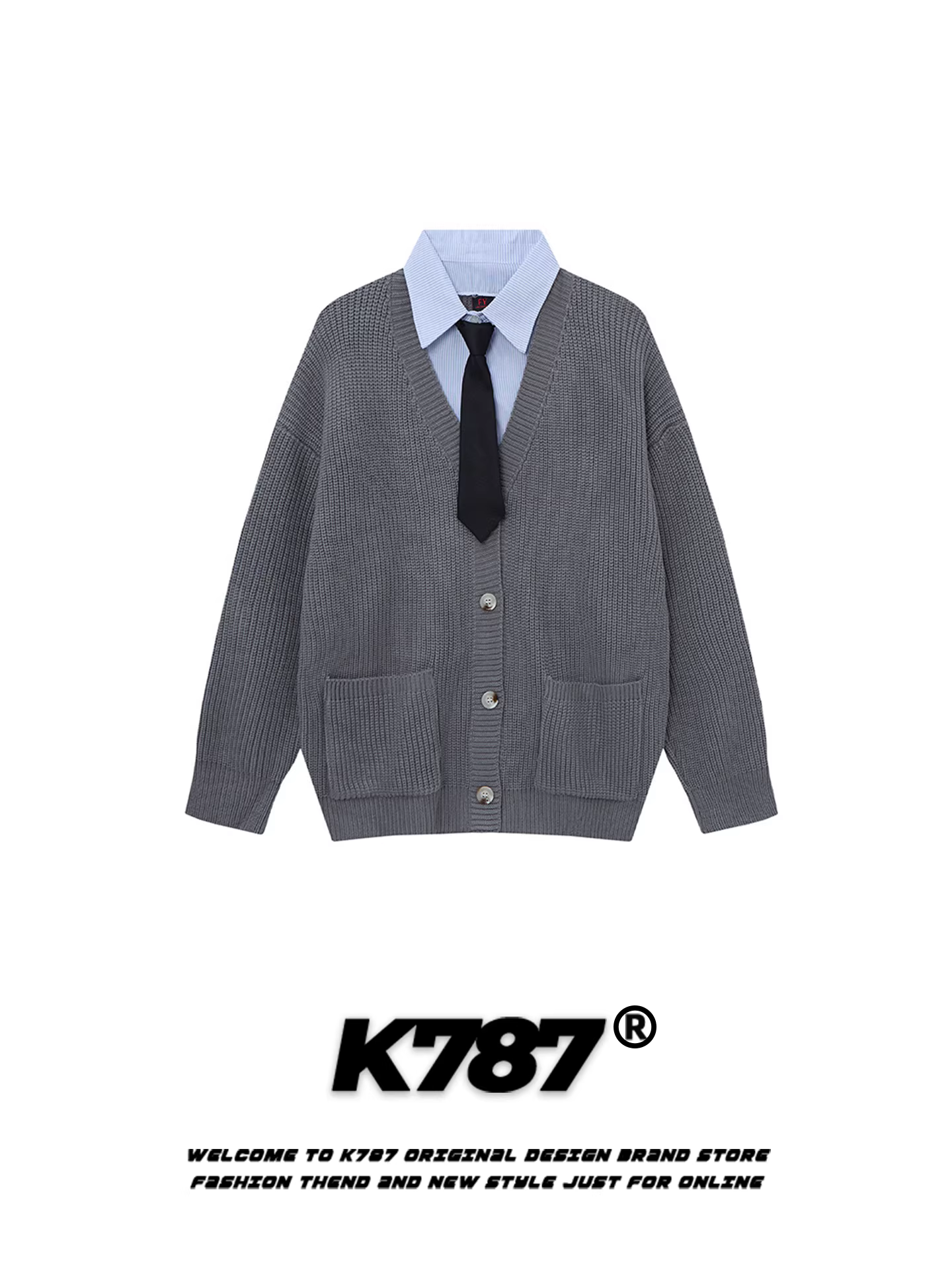 Áo len cardigan giả hai mảnh kiểu Mỹ cổ điển K787 dành cho nam và nữ, kiểu dáng rộng rãi phong cách đại học, áo khoác len cặp đôi mùa thu đông