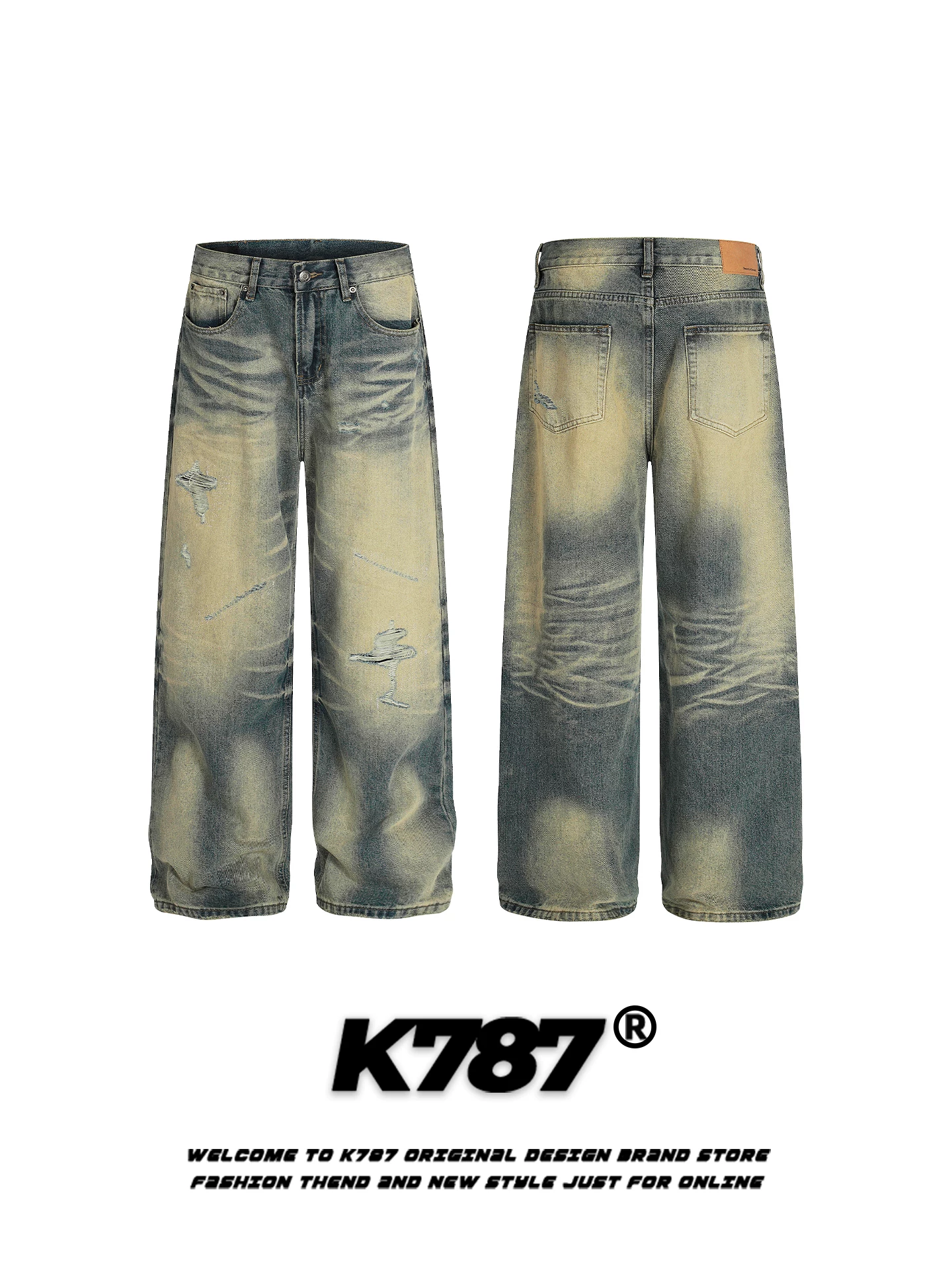 Quần jeans K787 kiểu Mỹ cổ điển, xước rách, dành cho nam và nữ, dáng rộng, màu phai, kiểu dáng vintage, ống thẳng, hợp thời trang.