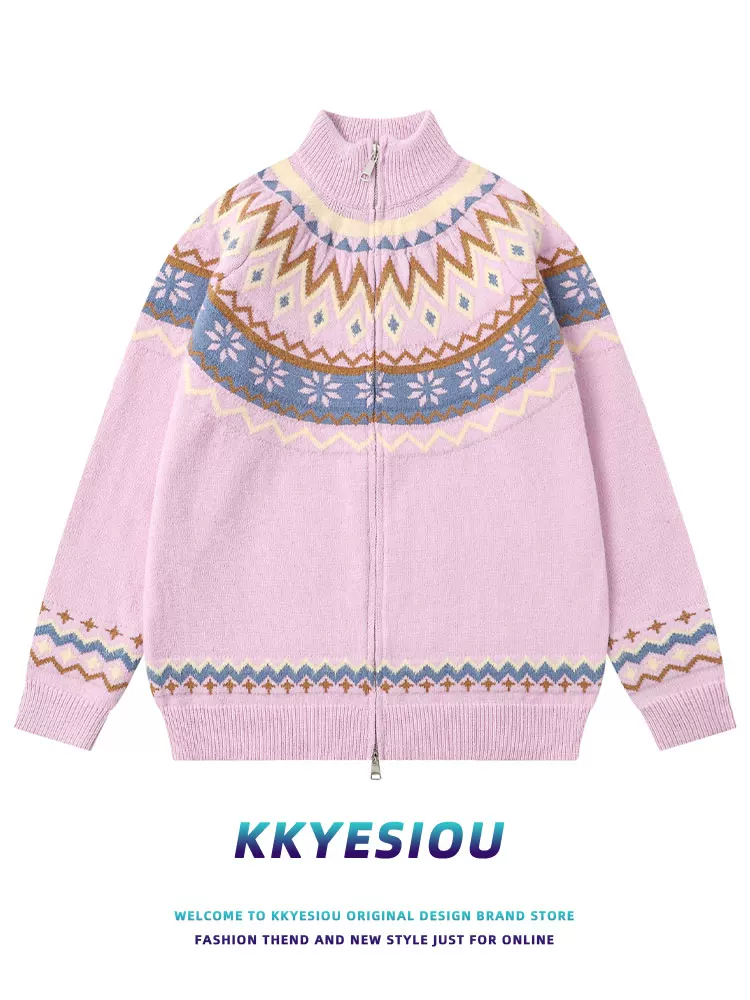 Áo khoác cardigan dệt kim sọc phong cách retro Mỹ KKyesiou, unisex, họa tiết đảo Feynman, khóa kéo, chất liệu jacquard