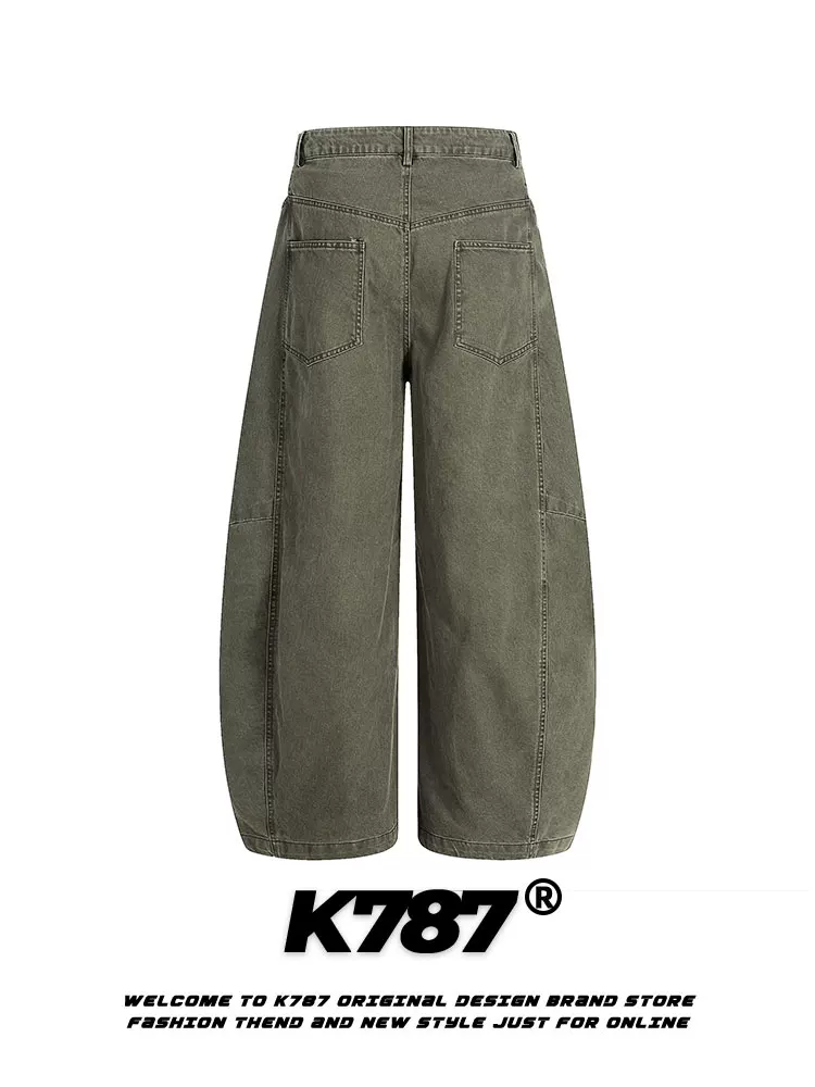 Quần jeans dáng scimitar xếp ly kiểu Mỹ cổ điển K787 dành cho nam và nữ, cạp cao, dáng rộng, thoải mái.