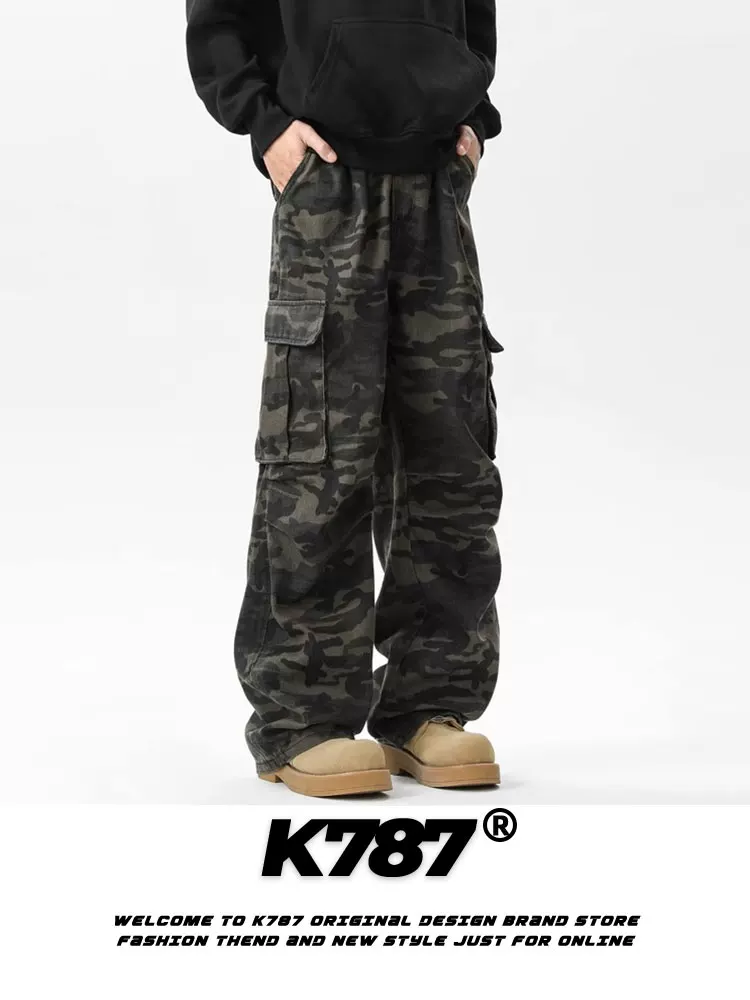 Quần cargo đa túi phong cách retro Mỹ K787, unisex, kiểu hip-hop, ống rộng, dáng rộng, ống thẳng