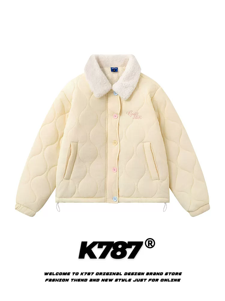 Áo khoác cotton dày lót lông cừu cổ lông nhăn kiểu Mỹ cổ điển K787 dành cho nam và nữ, phong cách preppy cổ điển, màu hồng