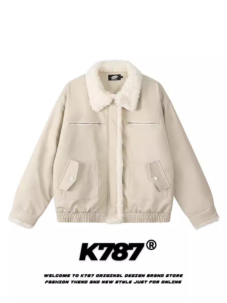 Áo khoác cotton dày dặn phối lông PU cổ lông K787 dành cho nam và nữ, màu trơn, phong cách Mỹ cổ điển, áo khoác mùa đông dành cho cặp đôi