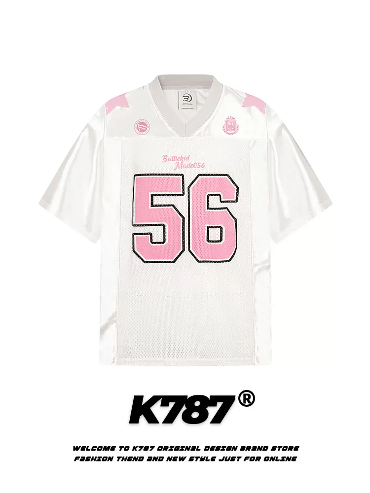 K787 Áo thể thao cổ chữ V cổ điển kiểu Mỹ nửa tay áo unisex blokecore đường phố dáng rộng đa năng Áo thun ngắn tay