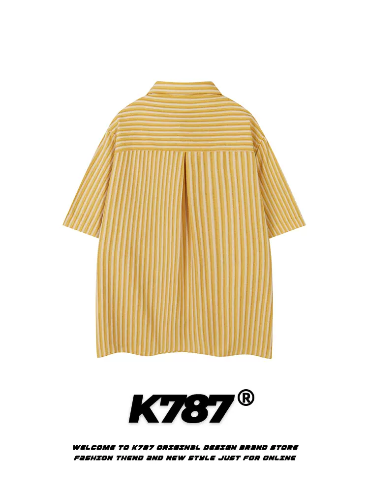 K787 Mỹ retro thêu mèo vui nhộn áo sơ mi ngắn tay unisex sọc đa năng phong cách đại học cardigan nửa tay mùa hè