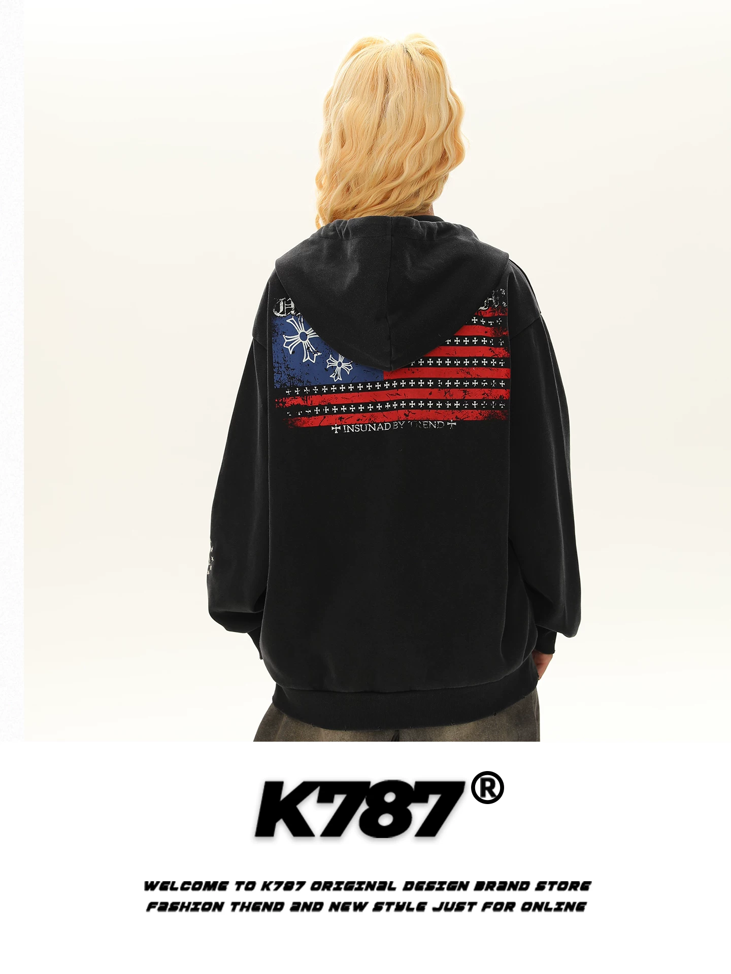 Áo hoodie phong cách đường phố Mỹ K787 in hình quốc kỳ ở phía sau, áo khoác có khóa kéo kiểu unisex, kiểu dáng thời trang dành cho cặp đôi
